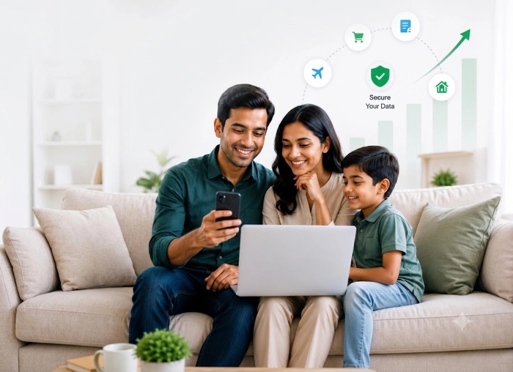 A family looking together at a laptop while reviewing their household expenses, with icons illustrating shopping, bills, travel, secure data, and home spending categories, and a rising savings graph